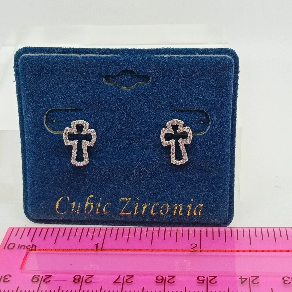 Micro Pave Vintage 1990s Cubic Zirconia Cross Stud Earrings Silver Tone Rare New